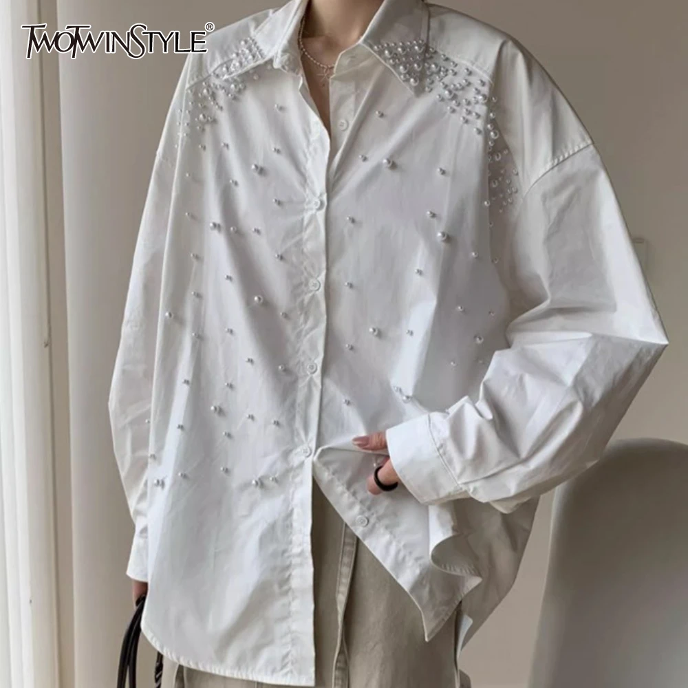 

TWOTWINSTYLE Solid Spliced Pearl Normcore Shirt Female Lapel Long Sleeve Elegant Loose Women's Shirts Autumn Style Fashion New