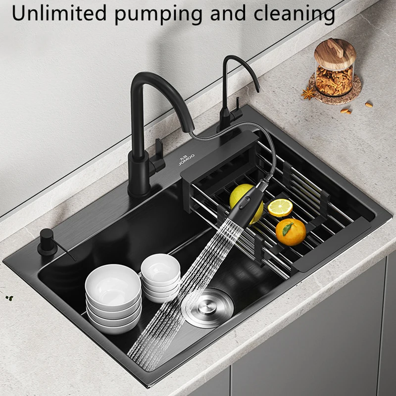 Nano 304 Stainless Steel Kitchen Sink Matte Black Thickened Large Single Slot Bowl High Quality Household Wash Vegetable Basin