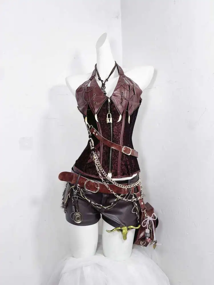 

TDH* Adventurer Subculture Dark Gothic Corset Leather Waist Bag Ultra Shorts Spicy Girl Set