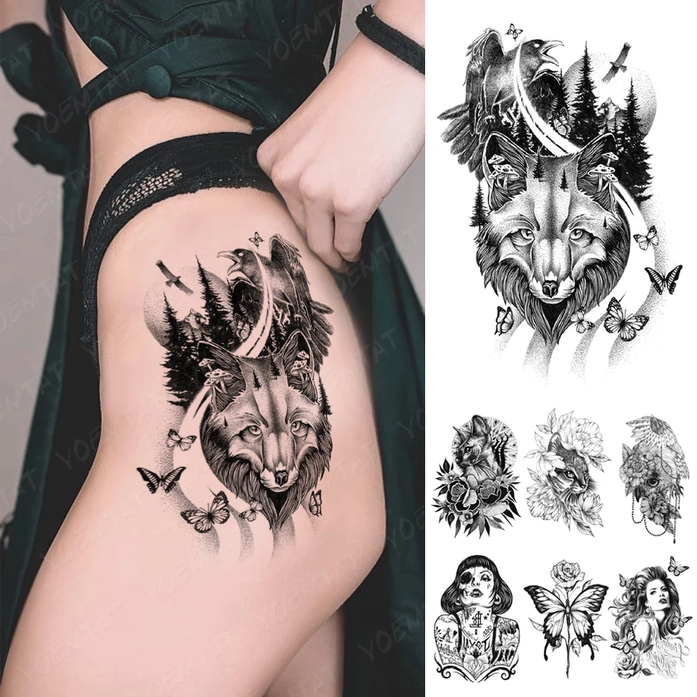 

Gothic punk Y2K Waterproof Temporary Tattoo Sticker Fox Butterfly Forest Flash Tattoos Arm legs Fake Tatoo Men Women Body Art