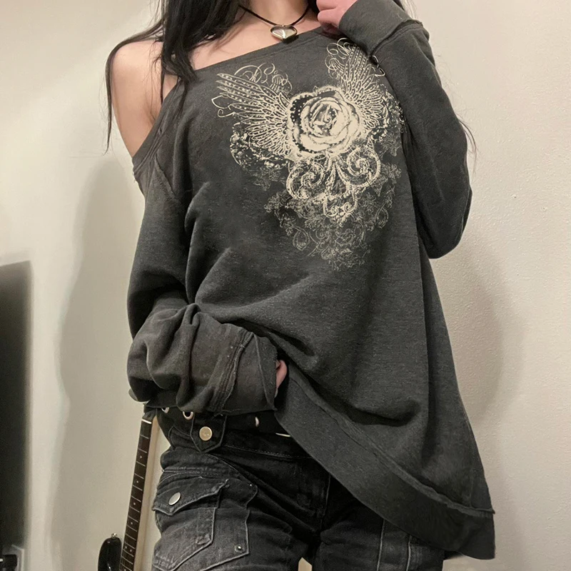 CIBBAR Gothic Graphic Hoodies Distressed y2k Floral Print Asymmetric Off-shoulder Long Sleeve Sweatshirt Harajuku Chic Pullovers