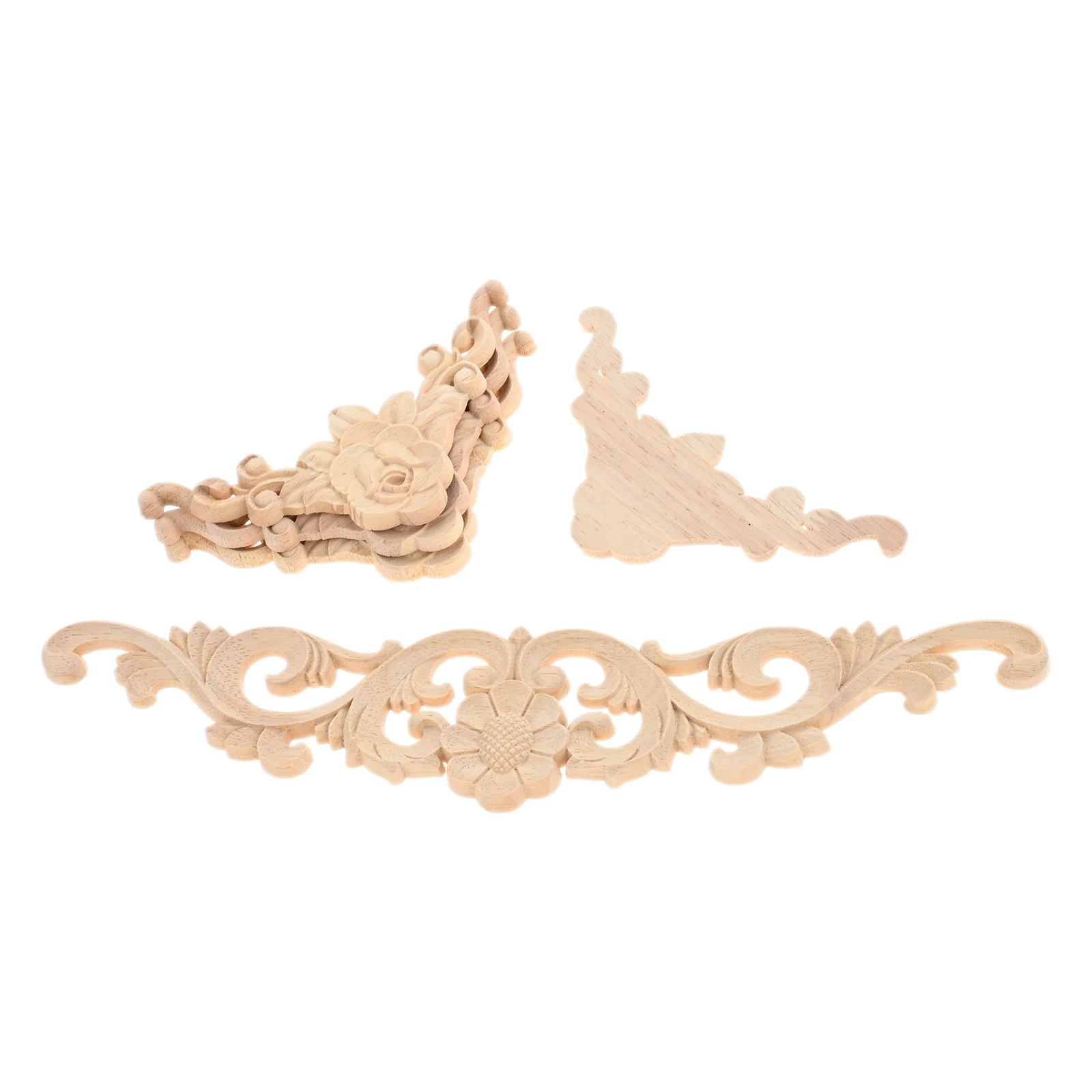 5pcs Wooden Appliques Solid Wood Rose Corner Horizontal Strip Hollow Branch 10cm-30cm Furniture Onlays Decor Door Cabinet Bed