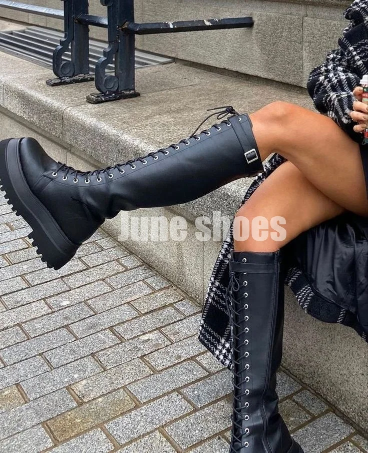 Dame Plattform Schwarz Lace-Up Punk Stil Knie Stiefel Schuhe Runway Gladiator Größe 34-46 Höhe Erhöhen Retro sexy Pu Stiefel