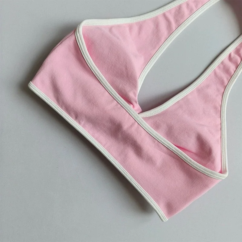 Damen-Yoga-BH mit Halterneck und Farbblock-Design, herausnehmbare Brustpolster, schnelltrocknendes Sport-Top für das Training. – Detail 16