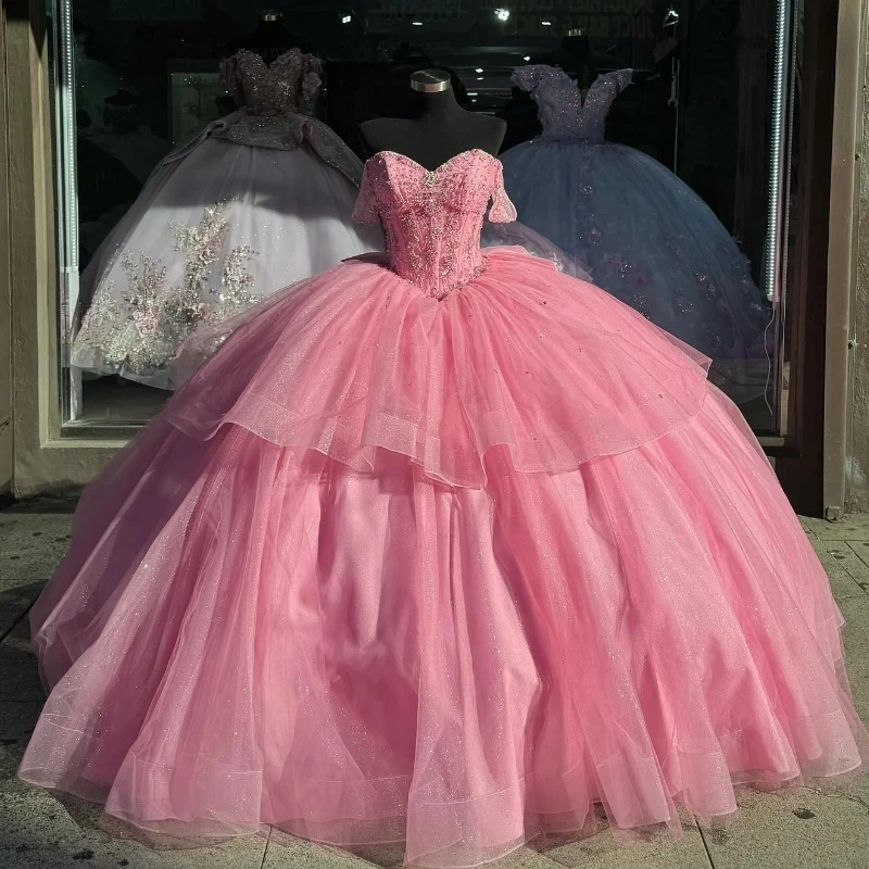 

Розовое блестящее платье Quinceanera, мексиканское бальное платье с открытыми плечами, бусинами, кристаллами, принцесса, длинное милое платье для 16 выпускного вечера, 15 лет