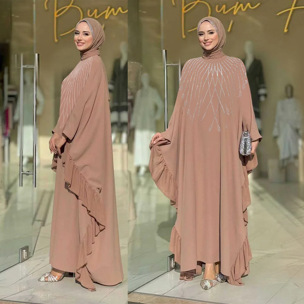 

Muslim Long Robe Diamonds Ruffled Dress Women Dubai Cloak Abaya Kebaya Caftan Marocain Femme Musulmane Vestidos African Dresses