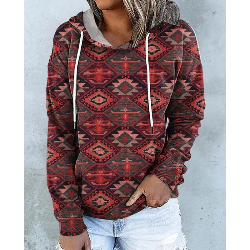 Aztec Western Hoodies Ethnic Style 3D Print Women Retro Streetwear Oversized Pullovers Hoodie Hooded Sweatshirts Woman Clothing