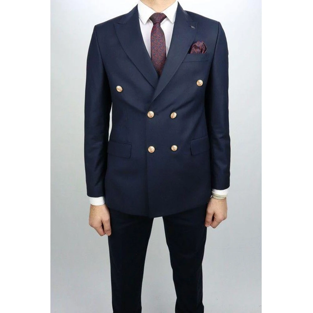 

Handsome Navy Blue Suits For Men Double Breasted Notch Lapel Two-pieces (Jacket+Pants) Blazer Set Formal Business Prom Full Set