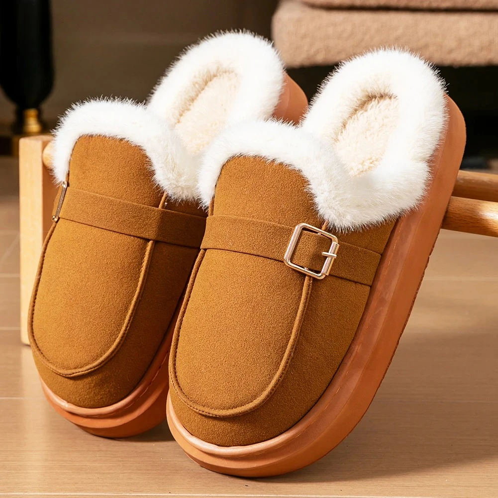 

Winter Slippers Women Suede EVA Sole Memory Foam Warm Buckle Bedroom Shoes UGG Comfortable High-Quality