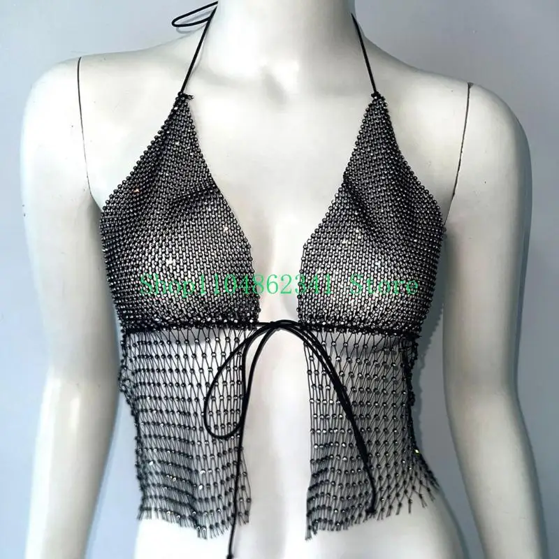 5asd Women's Halters See Through Camisole Tassels Rhinestones Crop Top Top for Raves Night Out Party Clubwears