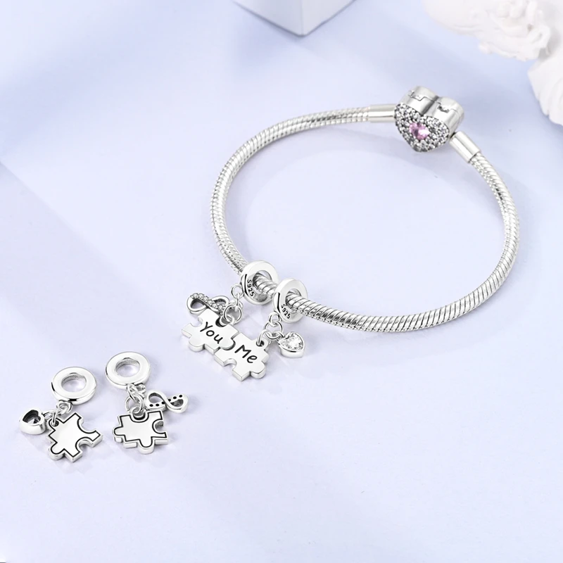 Double Pendant 925 Sterling Silver Heart to Heart Sun Moon Jigsaw Puzzle Mother Daughter Charm Fit DIY Bracelet Necklace Gifts