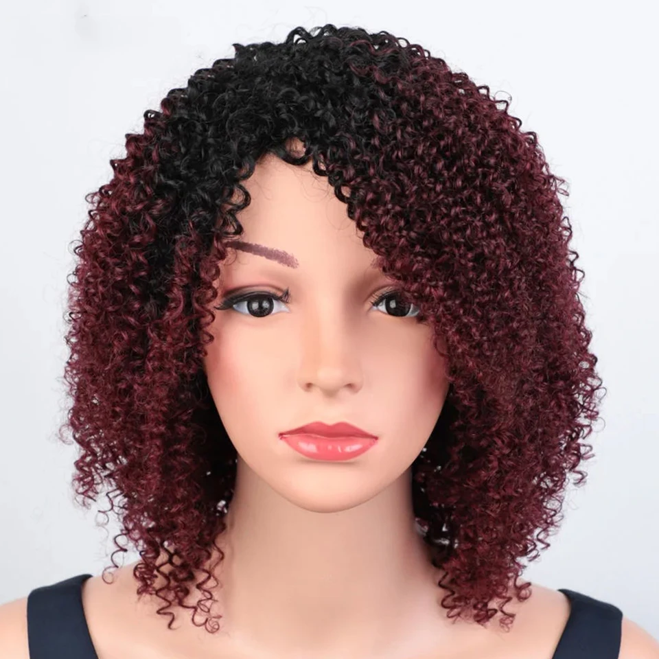 

Sleek Afro Kinky Curly Human Hair Wigs Human Hair Wig With Bangs Ombre 99J Colored Peruvian Jerry Curly Bob Wig For Women