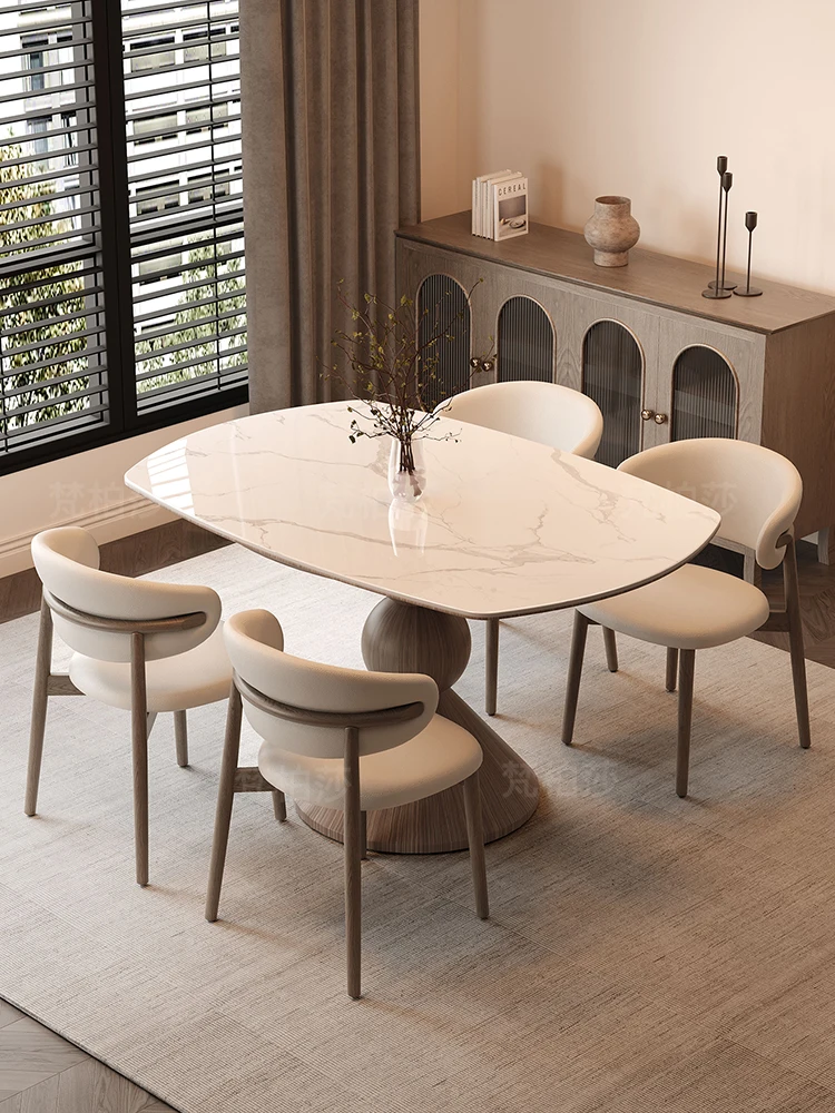 

Retractable Stone Plate Dining Table Home Small Apartment French Retro round Solid Wood Dining Table and Chair