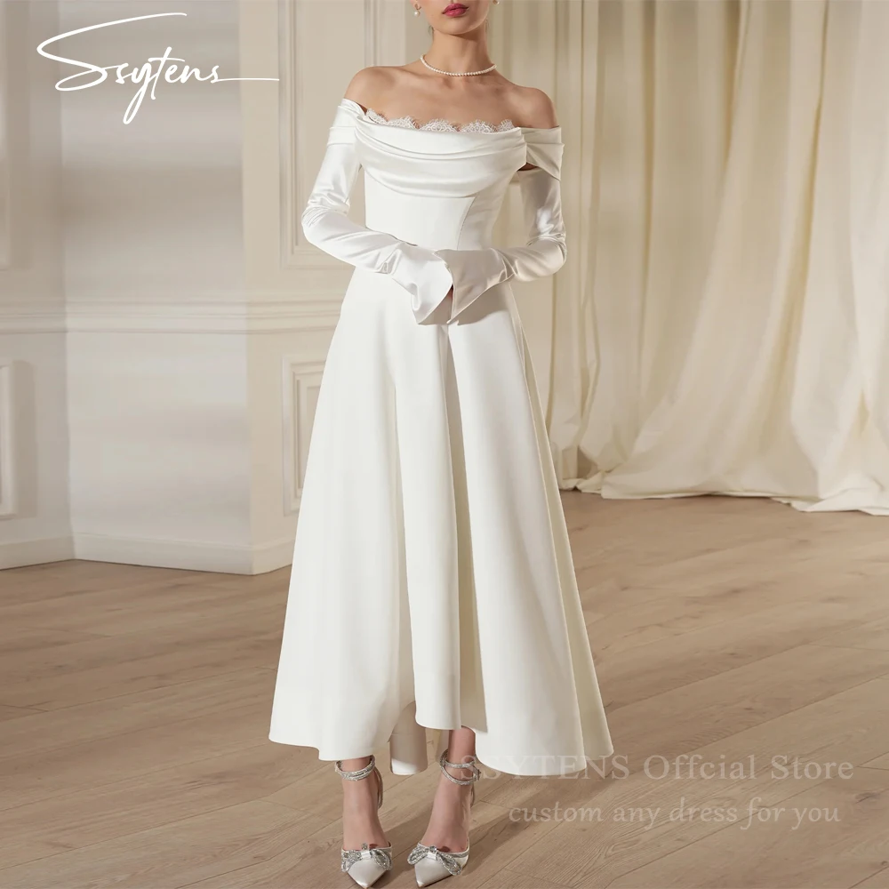 Eleganckie satynowe suknie ślubne odpinane rękawy do kostek suknie ślubne koronkowe Off-Shoulder Vestido De Noiva niestandardowa suknia dla panny młodej