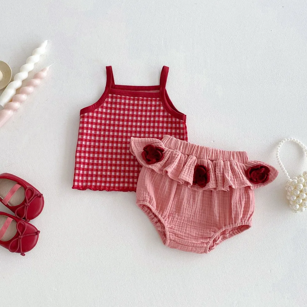 2026 Summer Baby Girl Clothing Set 1-3Years Kids Sleeveless Plaid Tank Tops+Flower Skirted Bloomers Bottom 2PCS Outfit Clothes