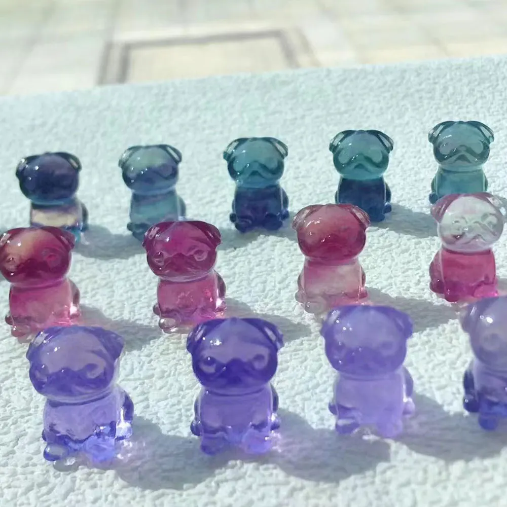 5pcs/Lot Natural Stone Dog Pug Rainbow Fluorite Crystals Mini Carvings Crystal Stone Mineral Gemstones Figurine Statue Spiritual view 2
