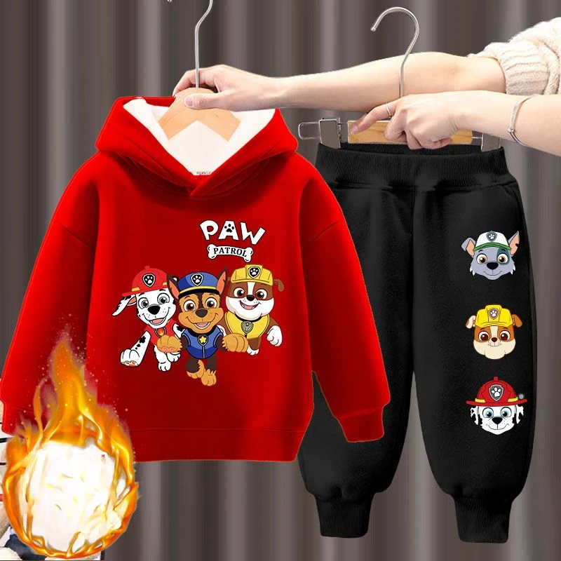 PAW Patrol Autumn Winter Plus Cashmere Warm Children's Clothing Sets Boys Hooed Sweatshirt and Sweatpant 2pcs Set Kids Tracksuit