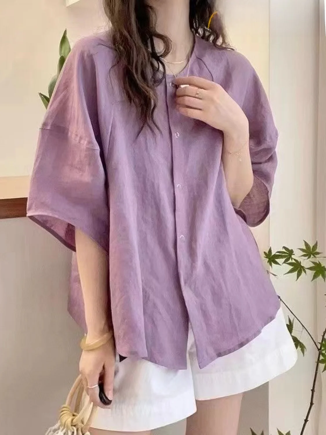 

Sli Ladies' Summer irt 2025 New Loose Casual round Ne Cotton Linen Blend Slimming Top Commute Simple Sle ort Sve