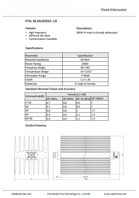 30 dB Fixed Attenuator N Male to N Female Unidirectional  200 Watts Up to 3 GHz