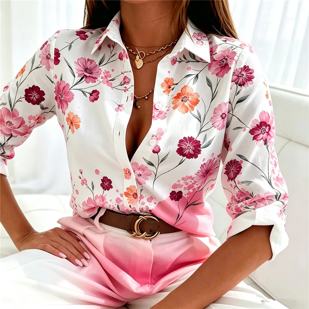 Long Sleeve Floral Pattern Women Casual Shirts Turn-Down Collar 3d Flower Printed Ladies Street Blouse 3XL Plus Size Trend Shirt