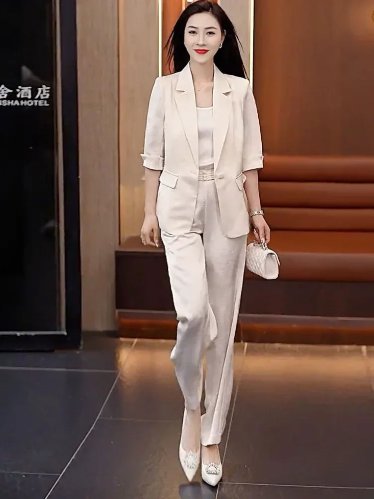 Ladies Trouser Office Professional Summer 2024 Suits Ice Silk Wear To Work Women\'s Blazer and Pants Two Piece Set Korea Stylish