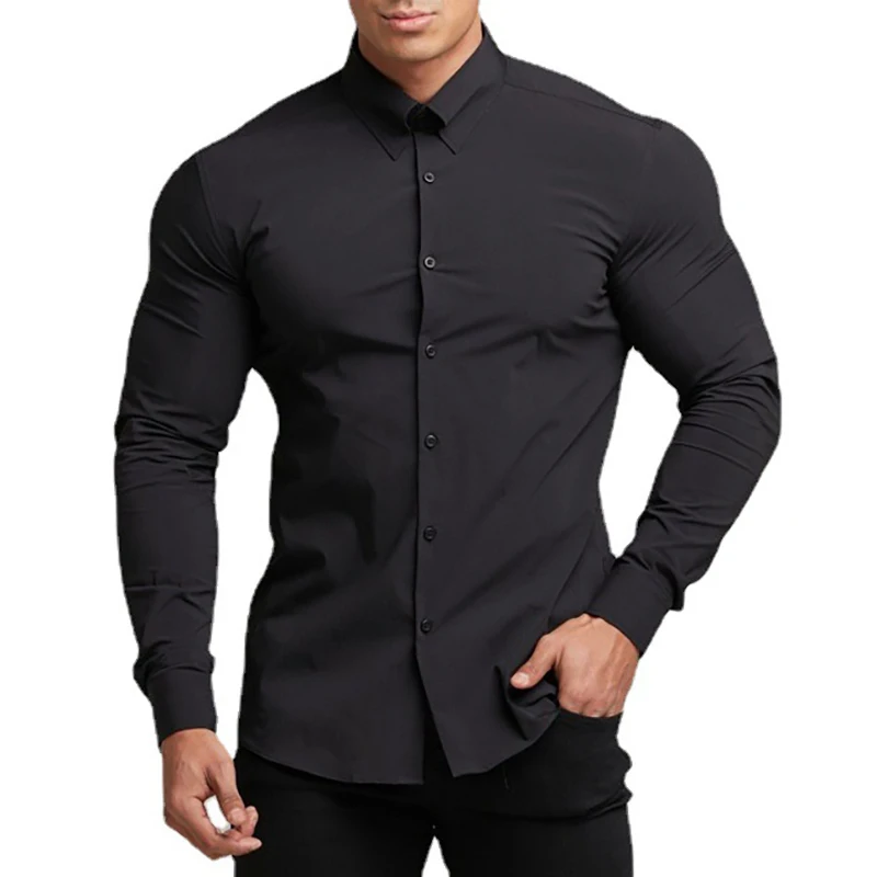 New Fashion Casual long Sleeve Solid Shirt Mens Super Slim Fit Male Social Business Dress Shirt Men Gym Fitness Sports Clothing