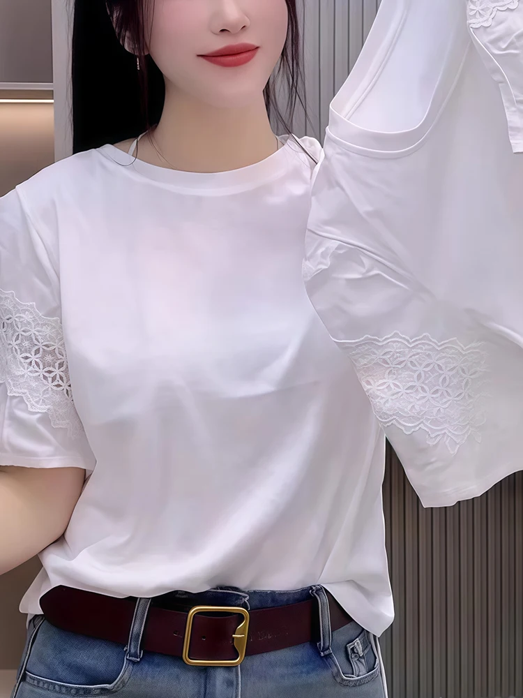 White Snowflake Cotton Short Sleeve Women's T-shirt Summer New plus Size Casual Top Belly Covering Korean Style Loose Fit