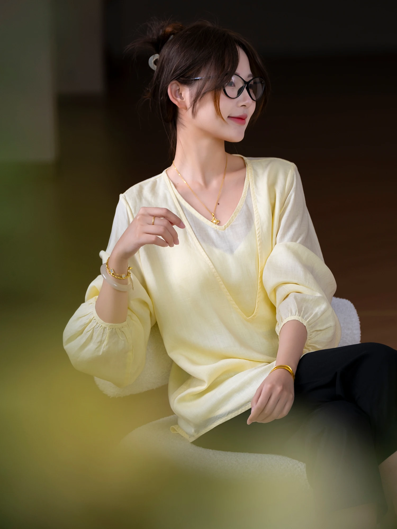 

Ele Double Layer Collar Lantern Sve Top Women's Loose Fit Linen Heavy Waed irt by Xiao Er Production Summer T-irt