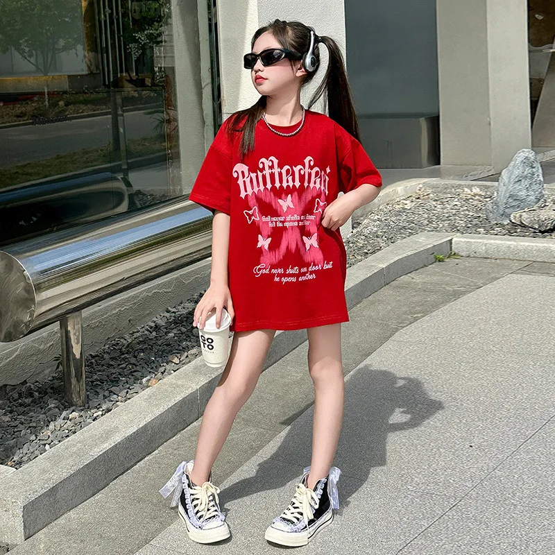 Girls' Summer 2024 New Fashionable Big Boy Pure Cotton Short sleeved T-shirt T Children's Internet Red Explosive Street Top