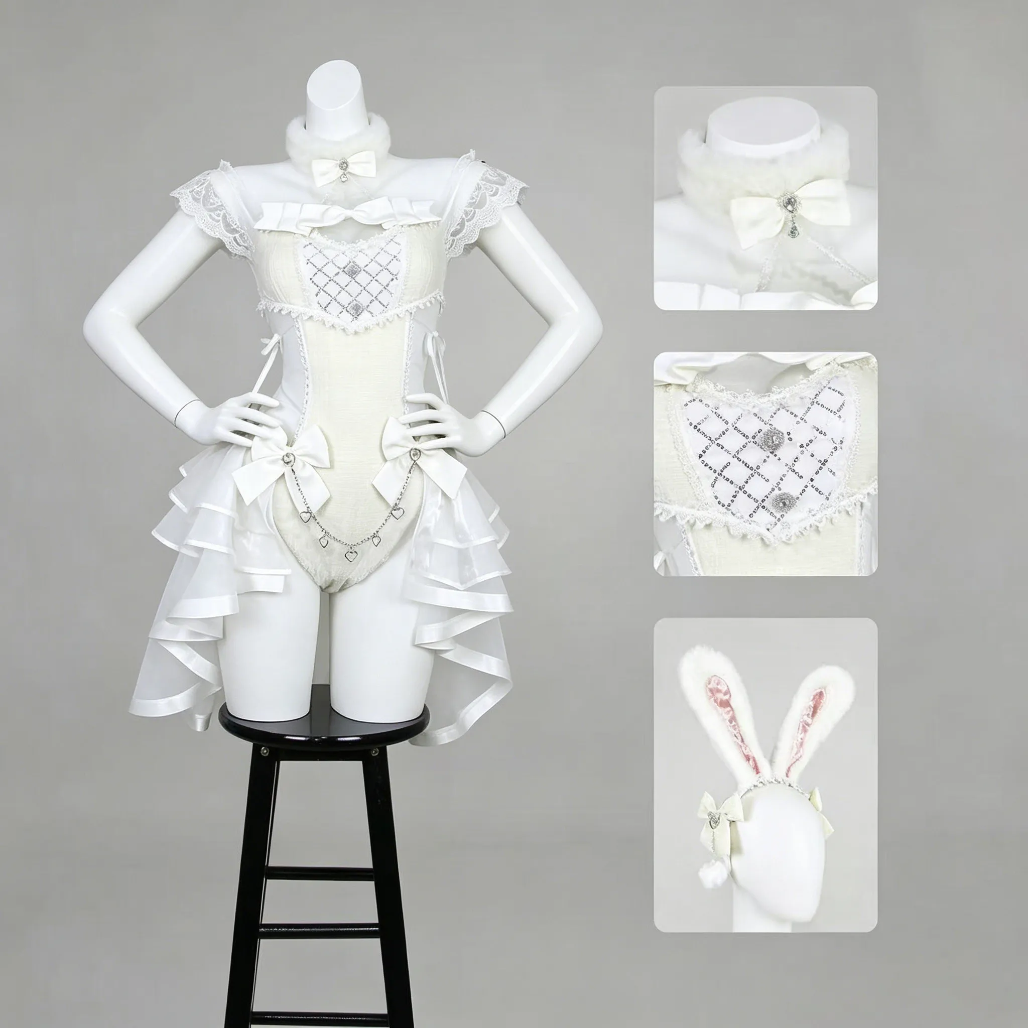 White Cosplay Dress Sheer Tulle Tweed Cute Princess Style Japanese Role Play Costume for Women Halloween Party AniMuse view 5