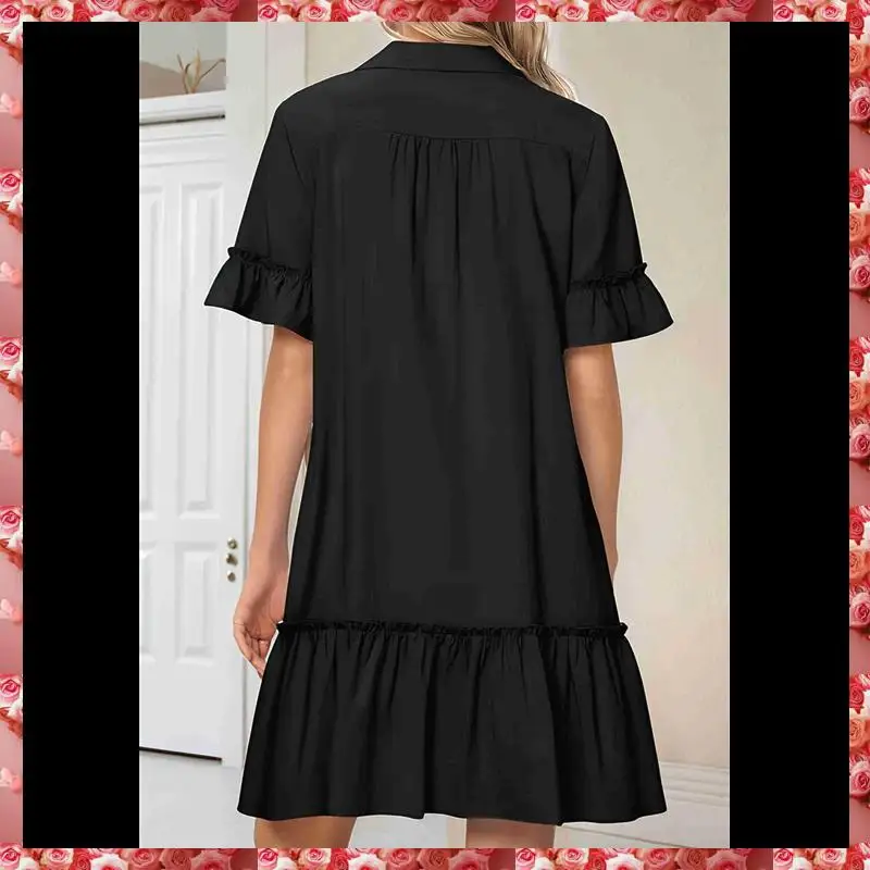 Women's Summer Button Down Shirt Dress Casual Ruffle Sleeve Shift Mini Dresses With Pockets