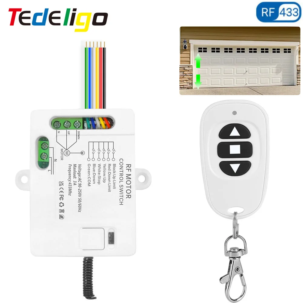 Tedeligo RF 433MHz Garage Curtain Blinds Motor Remote Control Switch AC 110V 220V Gate Opener Receiver,2 Way Control Support