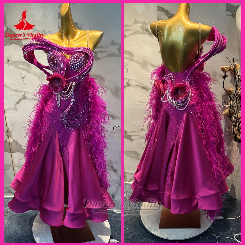 Women Ballroom Dance Luxurious AB Stones Backless Dresses Advanced Customize Adult Waltz Feather Style Outfit Dancer's Vitality