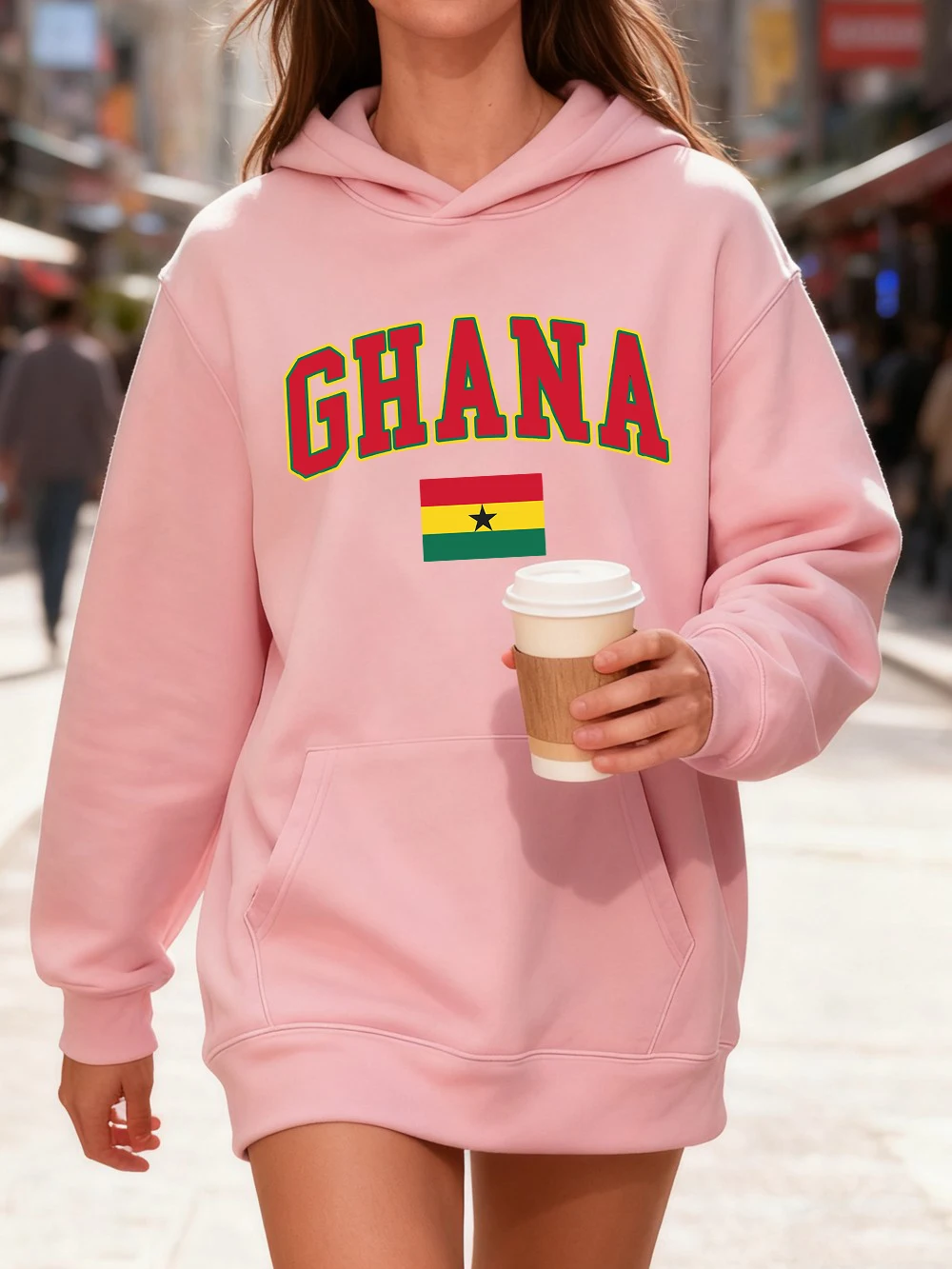 가나 문자 및 깃발 프린트 후드티 면 여성용 스포티 루즈 풀오버 겨울 플리스 따뜻한 스웨트셔츠 조깅 포켓 의류