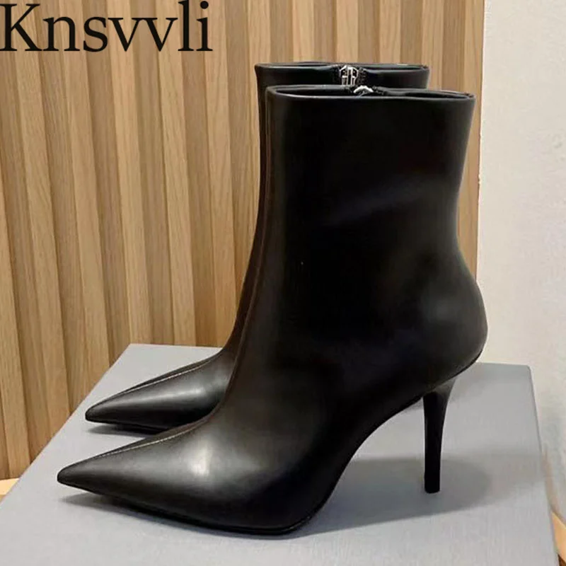 

Black White Short Boots Woman High Heels Runway Shoes Female Pointed Toe Genuine Leather Stiletto Ankle Boots For Women Botas