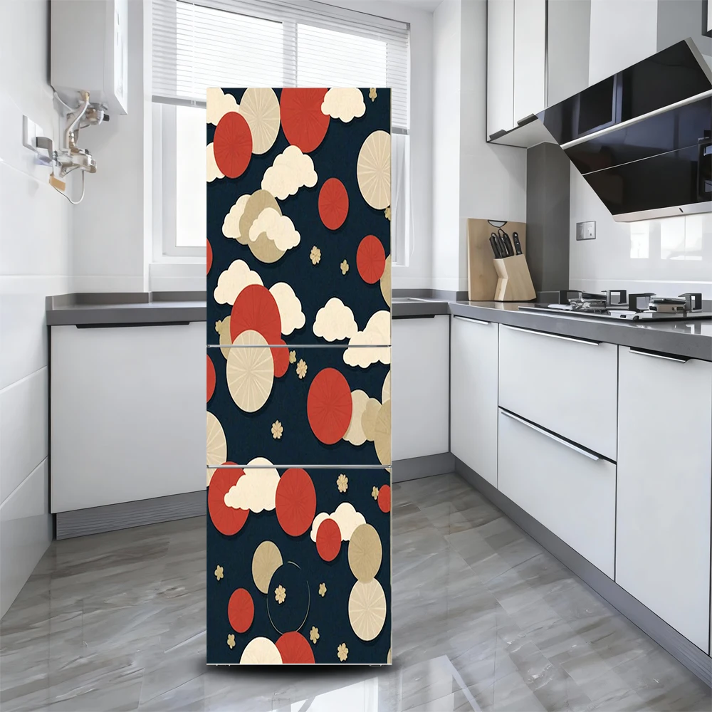 Auspicious Cloud Sakura Ukiyo-e Wave Floral Fridge Sticker Art Waterproof Vinyl Sticker for Kitchen Refrigerator Wallpaper Decor