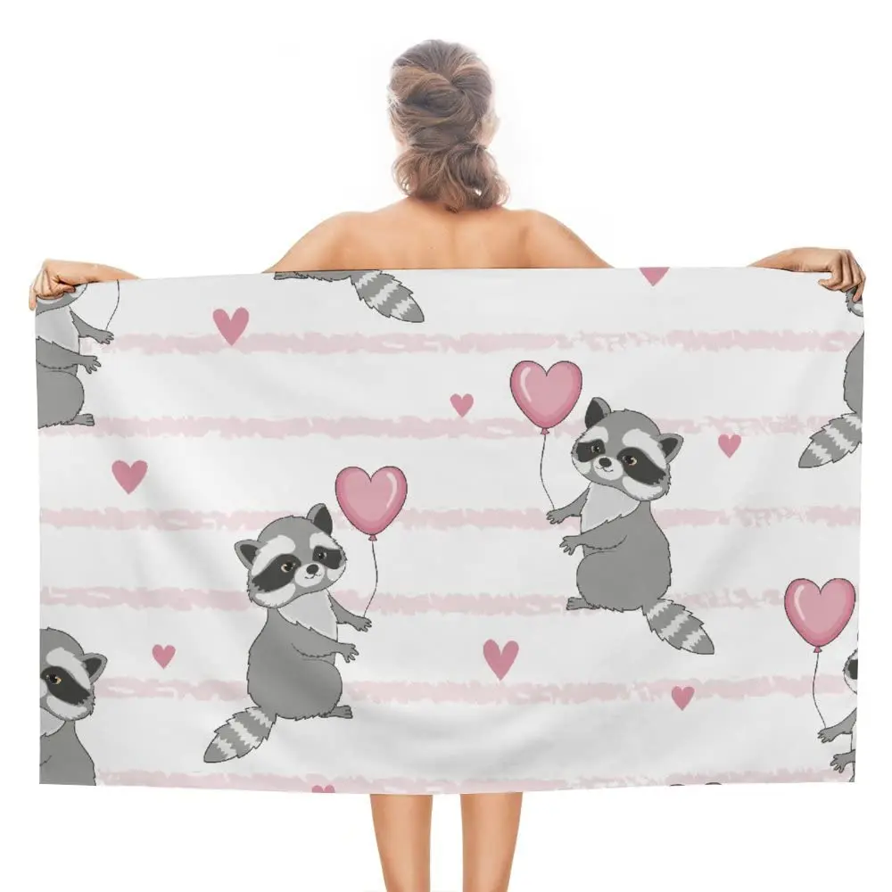 Cute Animal Raccoon Beach Towel Ultra Soft Quick Dry Towel Highly Absorbent Wash Cloth Bathroom Towel for Adults and Kids