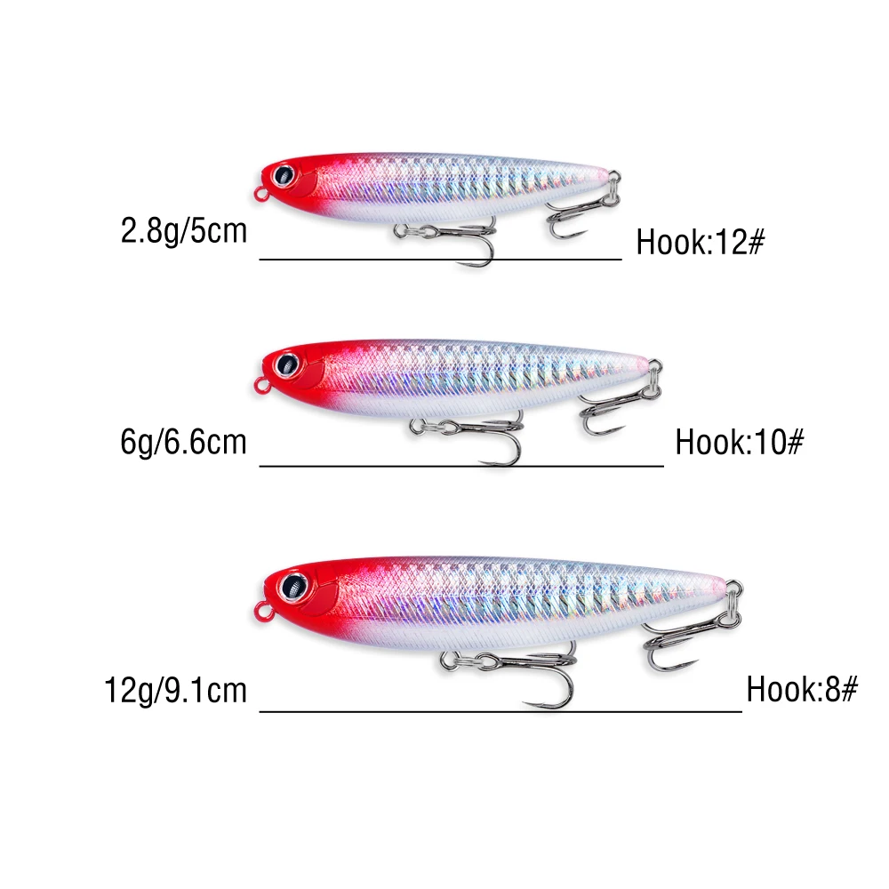 5Pcs Top Wasser Bleistift Angeln Locken 5/6,6/9,1 cm Schwimmende Swimbait Wobbler Künstliche Harten Köder Mit 2 Drillinge Für Bass – Detail 7