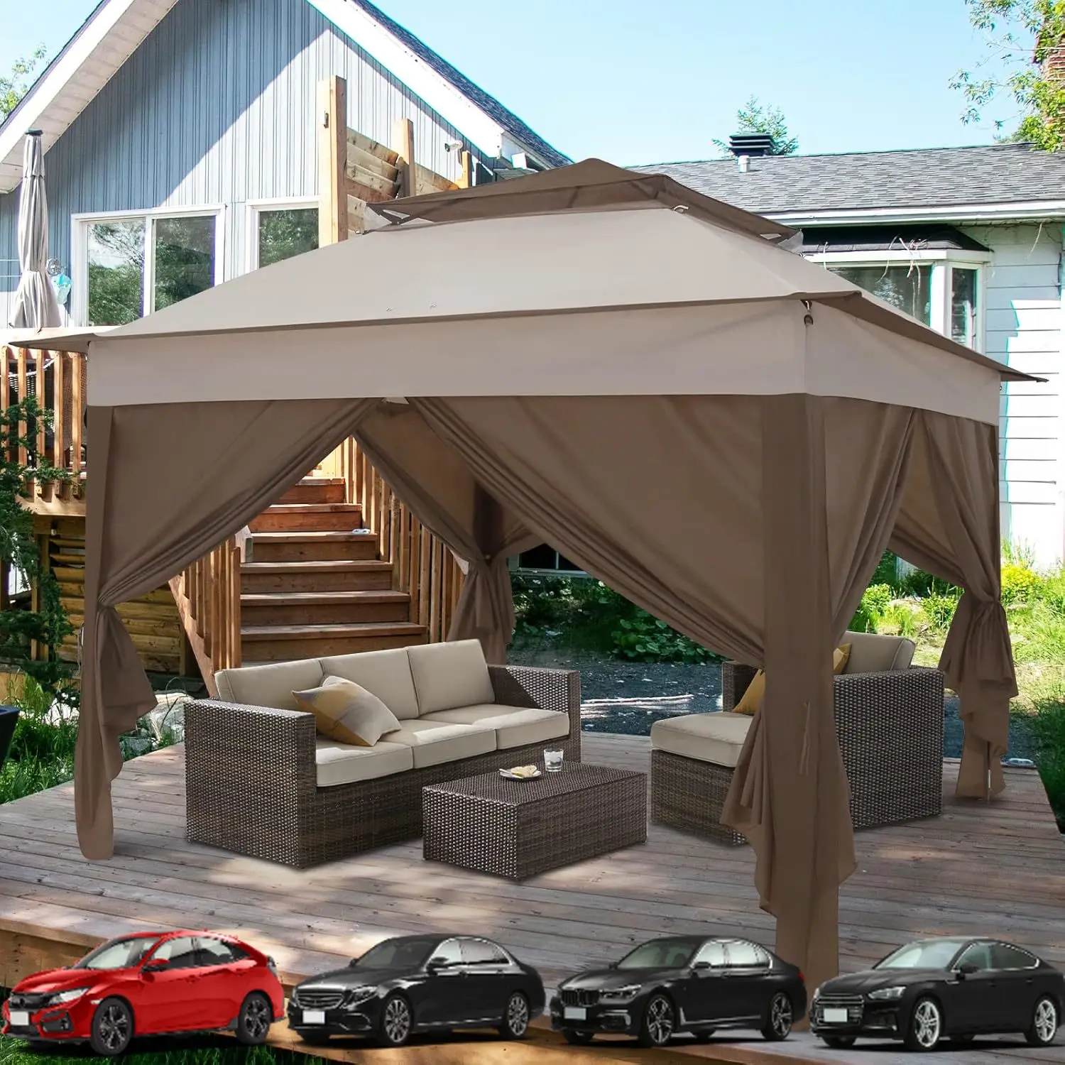 

COOS BAY 11x11 Выдвижная палатка для мгновенной беседки с 4 боковыми стенками Укрытие для наружного навеса с сумкой для переноски, кольями и веревками, бежевый