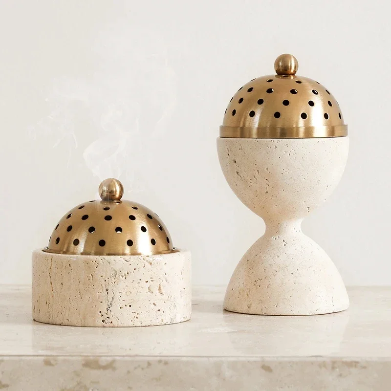 Natural Travertine Mabkhara Burner Luxury Oud Mubkhar Censer Retro Natural Marble Incense Bakhoor Burner with Brass Cover