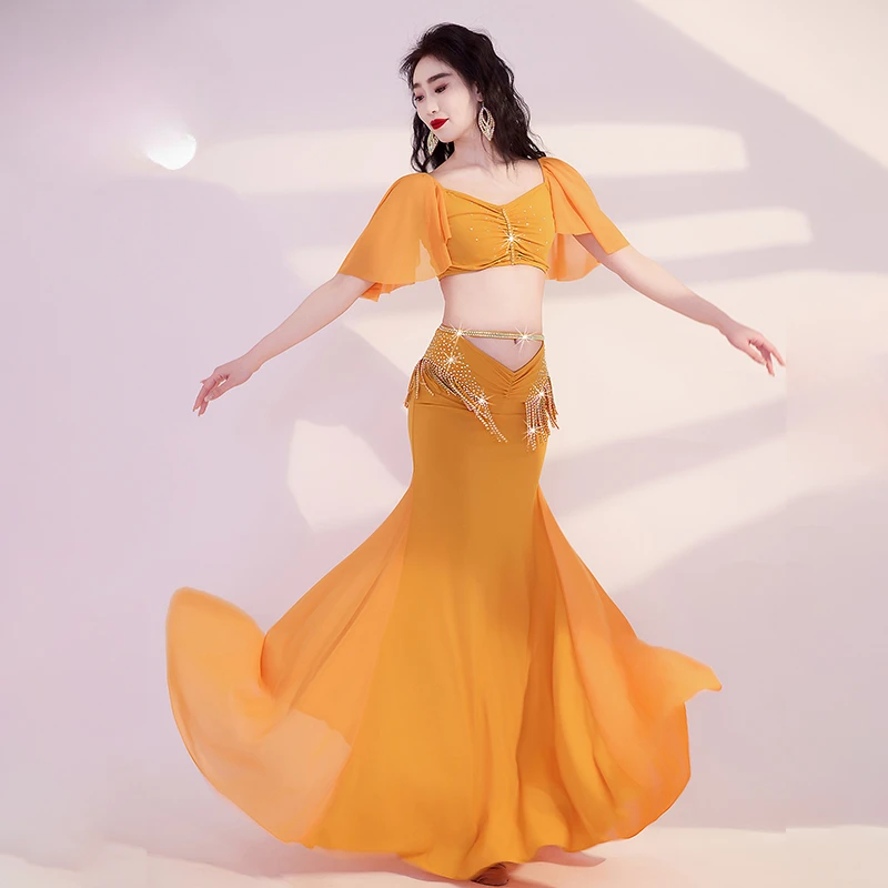 

BellyDance Costume Set for Women's Advanced AB Stones Tassel Crystal Cotton Set for Adult Women Oriental Dance Practice Clothes