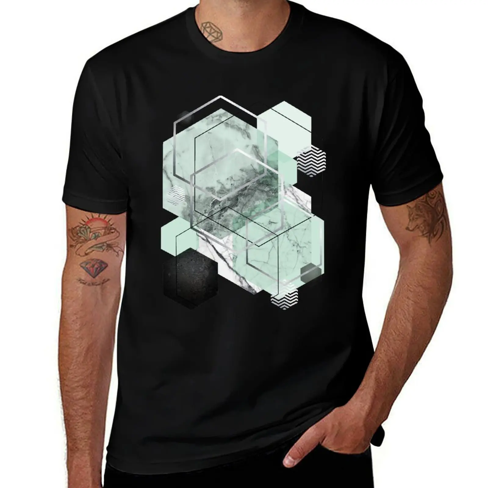 Geometric Hexagons in Mint Green T-Shirt Durable Work Wear T-Shirt