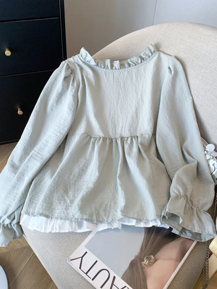 Korean Casual Sweet Fungus Lace Collar Women's Shirt Top Autumn New Women Fashion Fake Two-Piece Lace Up Long Sleeved Shirt