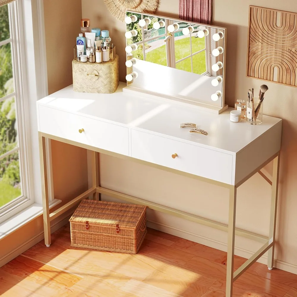 Modern White and Gold Vanity Desk with 2 Drawers, Compact Makeup Desk, Home Office Writing Desk for Small Spaces