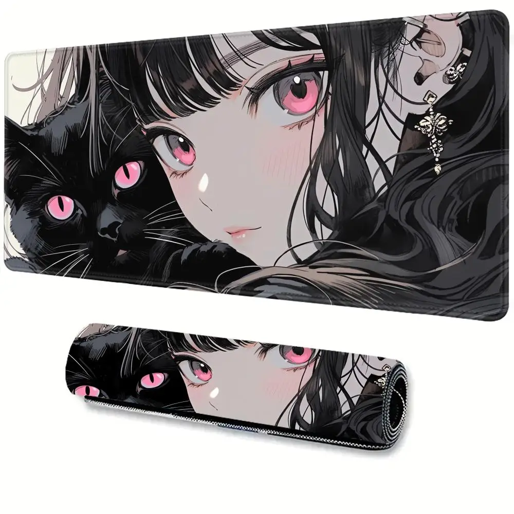

Girl black cat Mouse Pad Large Computer Office Game Table Mats XXL Rubber Anti-slip Gaming Keyboard Mousepads Long Desk Pads