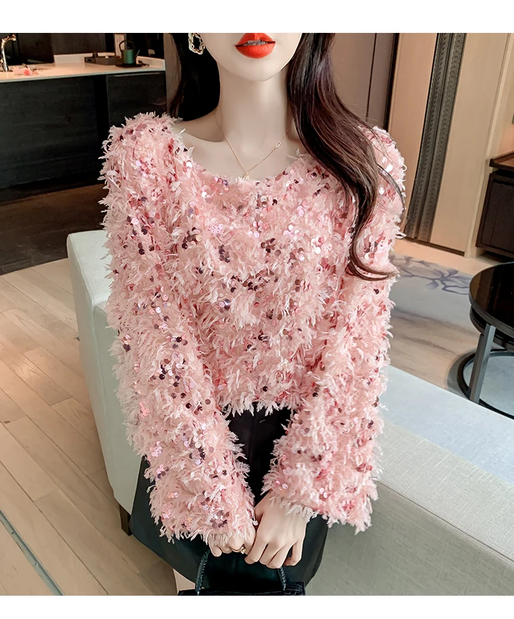 Autumn And Winter New Round Neck Female Sequins Long Sleeve Straight Women\'s Wear Loose Casual Feather Tassel Tops