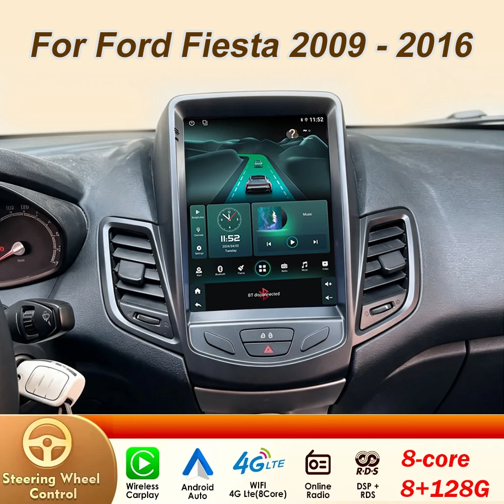 9.7 Inch For Ford Fiesta 2009 - 2016 For Tesla Style Car Radio Carplay Android Auto Multimedia Player WIFI GPS Video QLED Screen