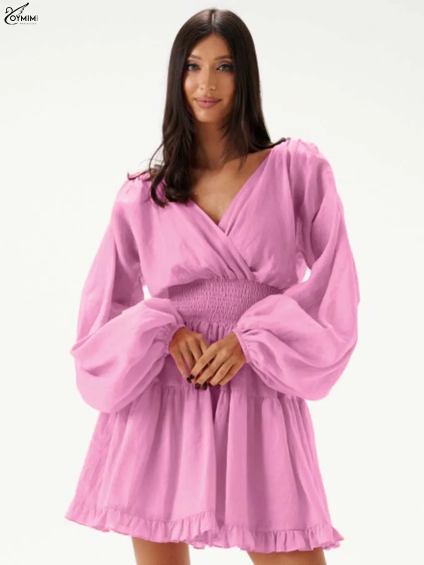 

Oymimi Casual Pink V-Neck Dresses 2025 Woman Fashion Long Sleeve High Waisted Dresses Elegant Pleated Mini Dress Female Clothing