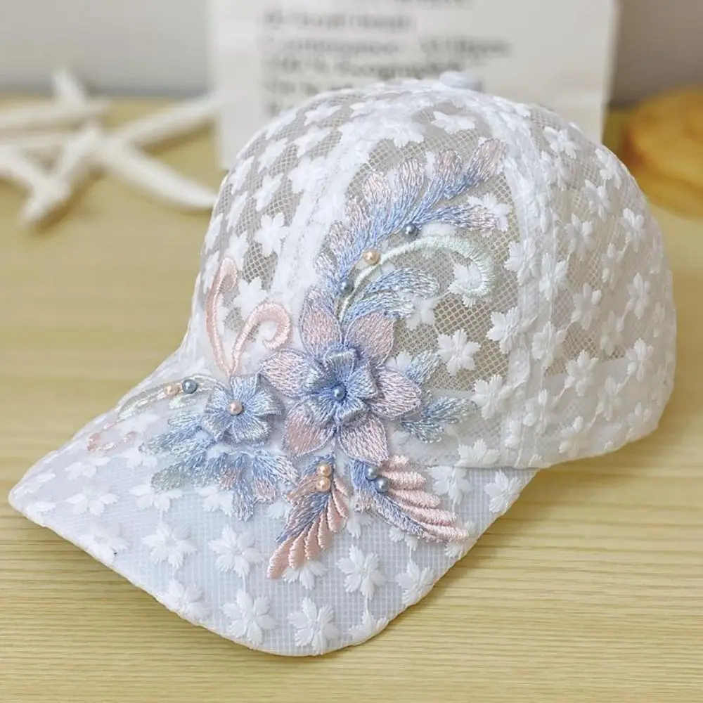 Breathable Embroidery Ladies Caps Quick Drying Hollow Out Baseball Hat Lace Mesh White Flower Baseball Cap Go Fishing