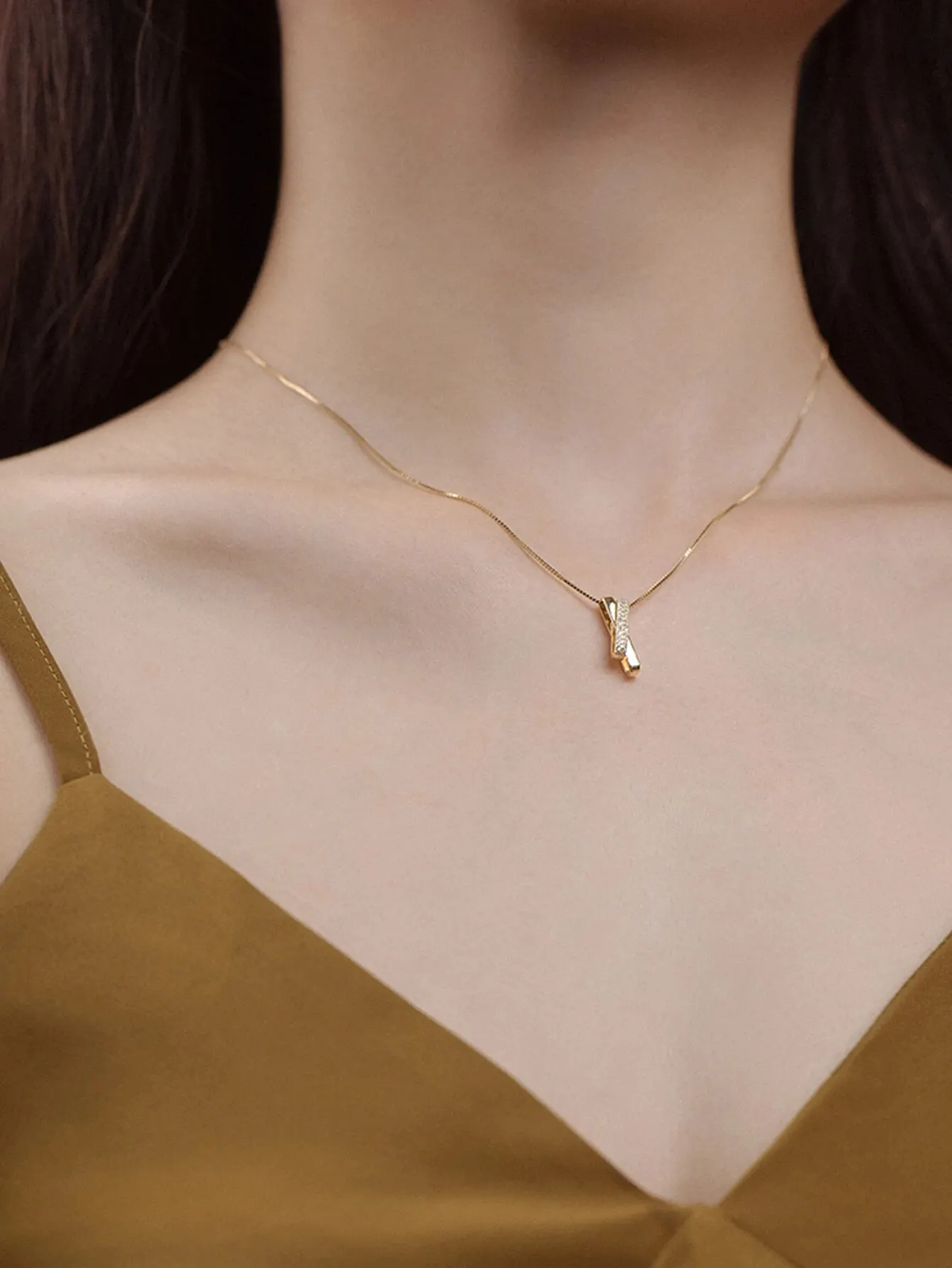 Gold Thin Box Chain Necklace, Intersected Double Bar Pendant with One Strip Fully Paved Tiny Clear Zircons, Minimalist Geometric Stackable Collarbone Jewelry for Women